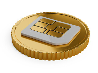 Gold coin with a mobile operator SIM card on top. Electronic money concept.