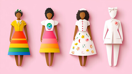 Fashion Paper Dolls, Diverse Styles & Vibrant Hues.  Each doll displays unique attire showcasing cultural elements.