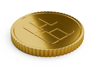Gold coin with a chip sim card inside. Electronic money concep