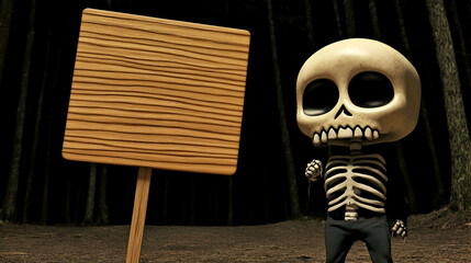 Spooky Skeleton with Blank Wooden Sign in Dark Forest