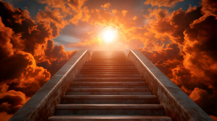 Stairway to Heaven, Ascending Through Fiery Clouds Towards Divine Light, Reaching Spiritual Enlightenment,  A Journey of Faith and Hope.
