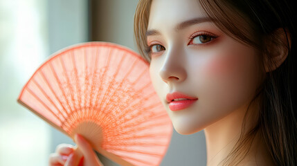 Elegant Woman with Peach Fan, Soft Makeup, and Radiant Skin.  Her beauty inspires serenity, reflecting peace and grace.