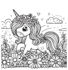 coloring book cute unicorn in nature garden flower