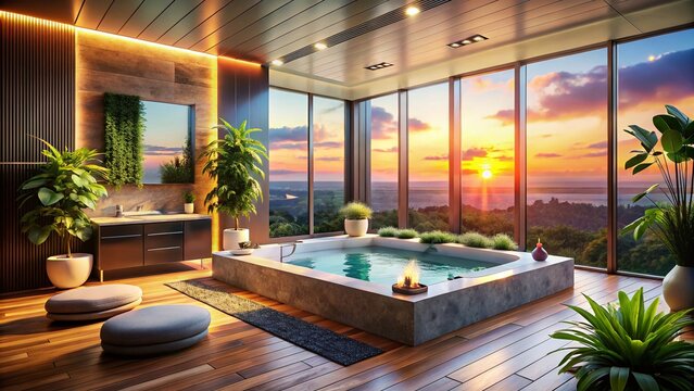 Luxurious Jacuzzi Room with Panoramic Views - Minimalist Design - AI Photo