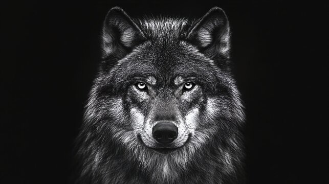 A close-up black and white photograph of a wolf's head against a dark background.