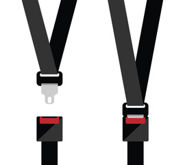 Car Seat Belt Fastened and Unfastened Flat Style. Means of transportation and safety on the road concept vector art
