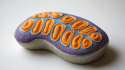 A close-up view of an oval-shaped object with a textured surface and orange markings on top.