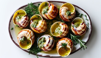 Fototapeta premium Exquisite Escargots on White Plate with Fresh Herbs and Gourmet Butter Sauce