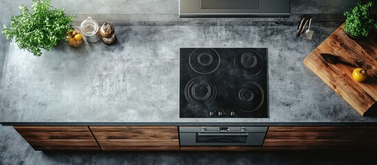 Modern Kitchen Design: Top-Down View of Sleek Induction Cooktop and Rustic Wood Cabinets