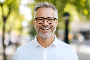Fototapeta premium Smiling Man in Glasses, Outdoors Portrait: Happy, confident, mature man radiating positive energy in a natural setting.
