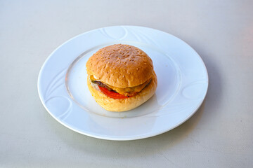 Big tasty burger with beef cutlet on a plate. Hamburger, cheeseburger with mushroom. Hamburger, Mexica, mushroom double burger.  Crispy chicken burger. With french fries, patates kizartmasi.