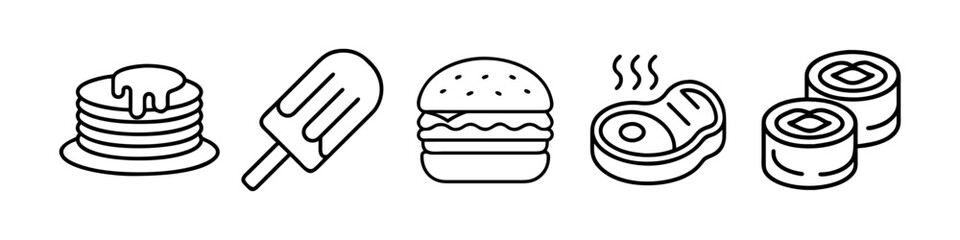 Line Icons of Popular Foods and Snacks - Minimalistic line icons featuring popular foods, including pancakes, ice cream, burger, steak, and sushi, ideal for culinary designs.
