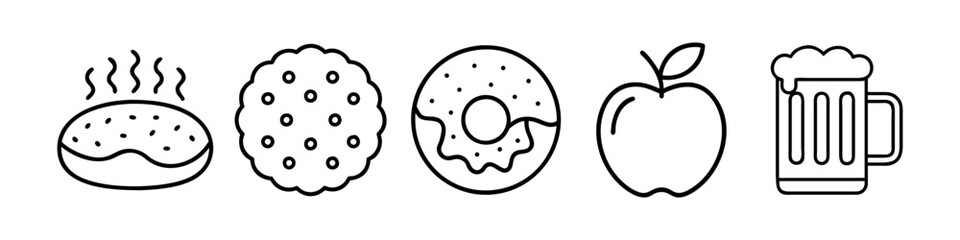Line Icons of Snacks, Desserts, and Drinks - Minimalistic line icons featuring a variety of snacks and beverages, including bread, a cookie, a donut, an apple, and a beer mug.