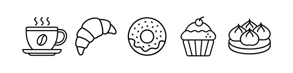 Line Icons of Breakfast and Baked Treats - Minimalistic line icons featuring breakfast and treats, including a coffee cup, croissant, donut, cupcake, and steamed dumplings.