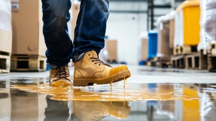 Male worker in a warehouse accidentally stepping into a liquid spill on the floor, workplace safety hazards, accident prevention, industrial work environment, occupational risk awareness