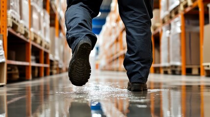 Male worker in a warehouse accidentally stepping into a liquid spill on the floor, workplace safety hazards, accident prevention, industrial work environment, occupational risk awareness