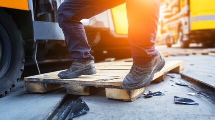 Close-up of a person stepping on a broken pallet in an industrial warehouse, highlighting workplace safety concerns, hazard awareness, risk of injury, accident prevention in industrial environments