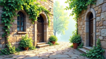 Fototapeta premium Sun-Drenched Stone Courtyard with Lush Greenery and Archways, Evoking a Sense of Tranquility and Rustic Charm