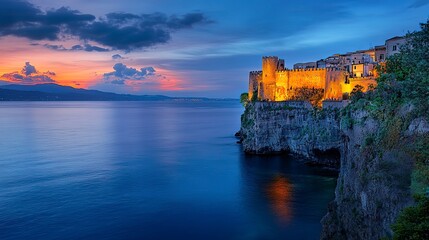 Ancient castle glowing on a cliff overlooking the sea, vibrant and peaceful, grand and timeless