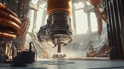 Rocket assembly facility with engineers working on advanced space technology, showcasing innovation and progress in aerospace engineering.