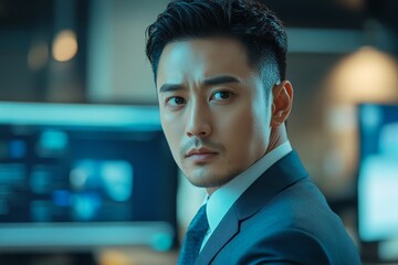 Side view of serious young Asian male manager in formal suit looking at camera while standing near table with computers in contemporary coworking, Generative AI