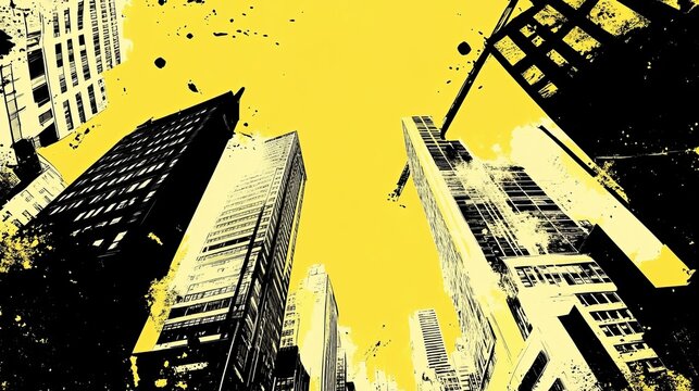 Dynamic yellow urban street art design with a grunge construction warning theme, combining bold industrial elements, abstract shapes, and vibrant city-inspired creativity for modern graphic concepts