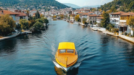 Naklejka premium Yellow boat on canal, waterfront town, mountains.