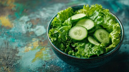 Obraz premium A bowl of salad with lettuce and cucumber slices.