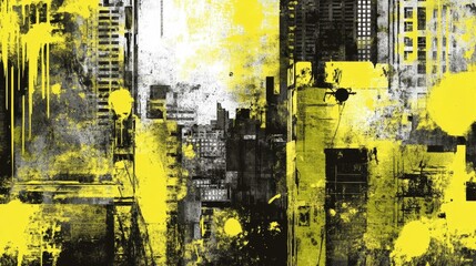 Dynamic yellow urban street art design with a grunge construction warning theme, combining bold industrial elements, abstract shapes, and vibrant city-inspired creativity for modern graphic concepts