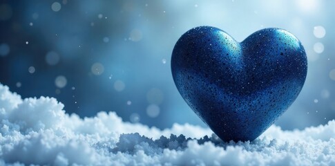 Fototapeta premium A cobalt blue heart, glistening with water droplets, rests gently on a pristine blanket of snow, symbolizing winter's embrace and enduring affection.
