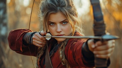 Young woman archer aiming bow and arrow in autumn forest.