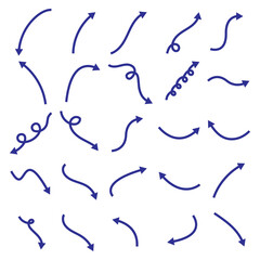 Fototapeta premium Set of different blue arrow shapes with doodle style, hand drawn arrows for presentations and animated concept. Vector illustration.