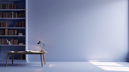Fototapeta premium Serene Study Nook with Bookshelf and Desk Lamp Illuminating Open Book on Simple Wooden Table
