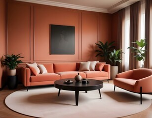 Fototapeta premium Minimalist Living Room Design Moody Terracotta Palette with Narrative Paneling