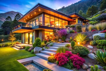 Fototapeta premium Modern Mountain Home Garden - Stunning Views