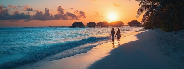 Romantic Evening Walk Along the Beach at Sunset With Overwater Bungalows in the Background