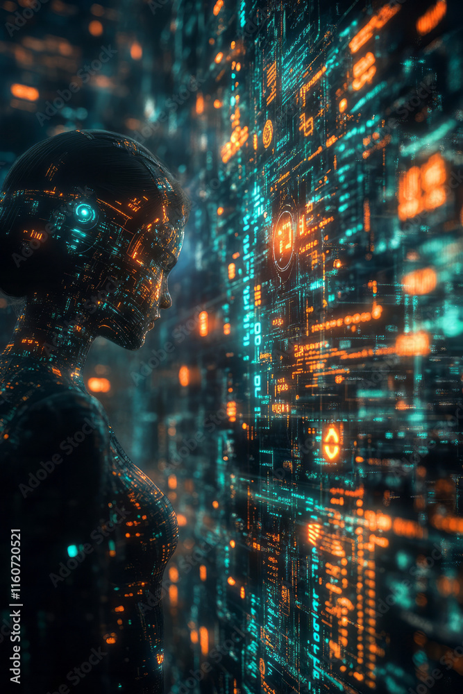 Poster a digital interface floating in mid-air, surrounded by binary code and glowing holograms,
