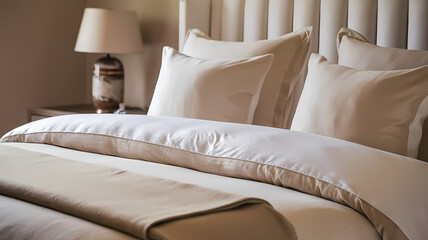Beige Bedding and Nightstand with Lamp