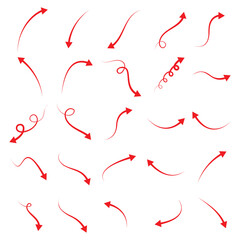 Set of different red arrow shapes with doodle style, hand drawn arrows for presentations and animated concept. Vector illustration.