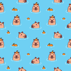Cute capybara in pond seamless pattern. Calm capybaras chilling and relaxing in water with oranges. Funny cartoon characters take bath with only heads visible