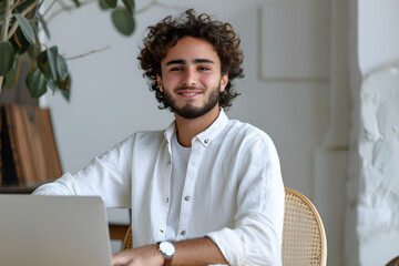 Fototapeta premium Portrait of guy working on laptop