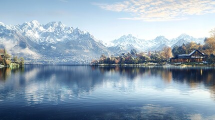 Naklejka premium beautiful lake surrounded by mountains, crystal-clear water, snow-capped peaks, reflection in water, serene atmosphere, peaceful outdoors