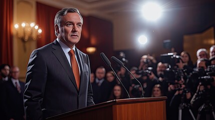 A businessman in a sharp suit stands at a podium, addressing the media, with cameras flashing and lights shining in the background