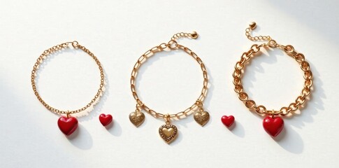 Obraz premium Elegant Gold Heart Charm Bracelets A Trio of Exquisite Designs Featuring Delicate and Bold Chain Styles with Charming Red Accents