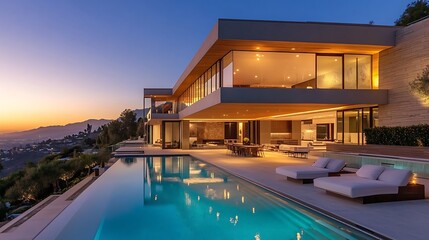 Modern luxury home with infinity pool at sunset, overlooking city and mountains.