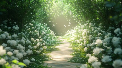 Fototapeta premium A serene pathway lined with lush greenery and vibrant white flowers.