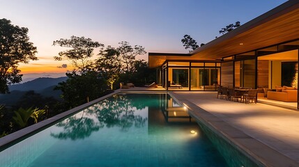 Fototapeta premium Modern villa with infinity pool at sunset, overlooking mountains and lush greenery.
