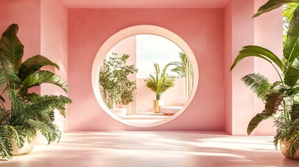 Circular Entrance to a Pink Room with Potted Plants on Either Side.
