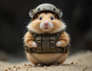 Adorable Hamster Soldier: A Tiny Warrior in a Military Vest and Helmet