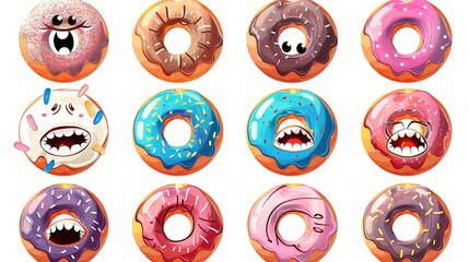 Fototapeta premium Hand Drawn Donuts with Various Emotions: Colored Vector Illustration